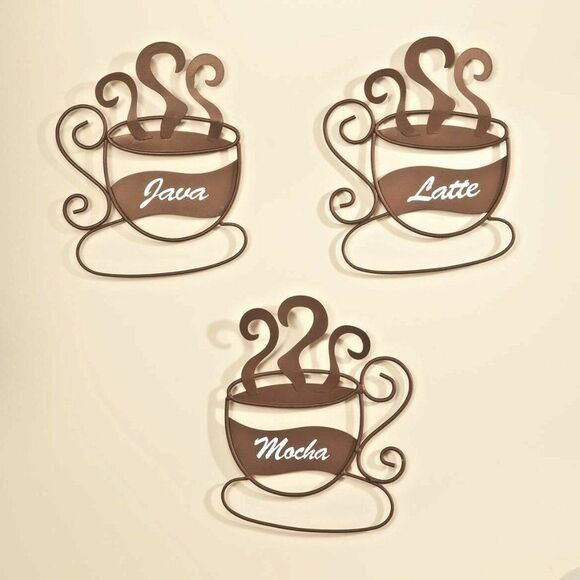 Coffee Cup 3-Pc Wall Hanging Decor Metal Java Latte Mocha Brown Kitchen Cafe - Picture 2 of 5